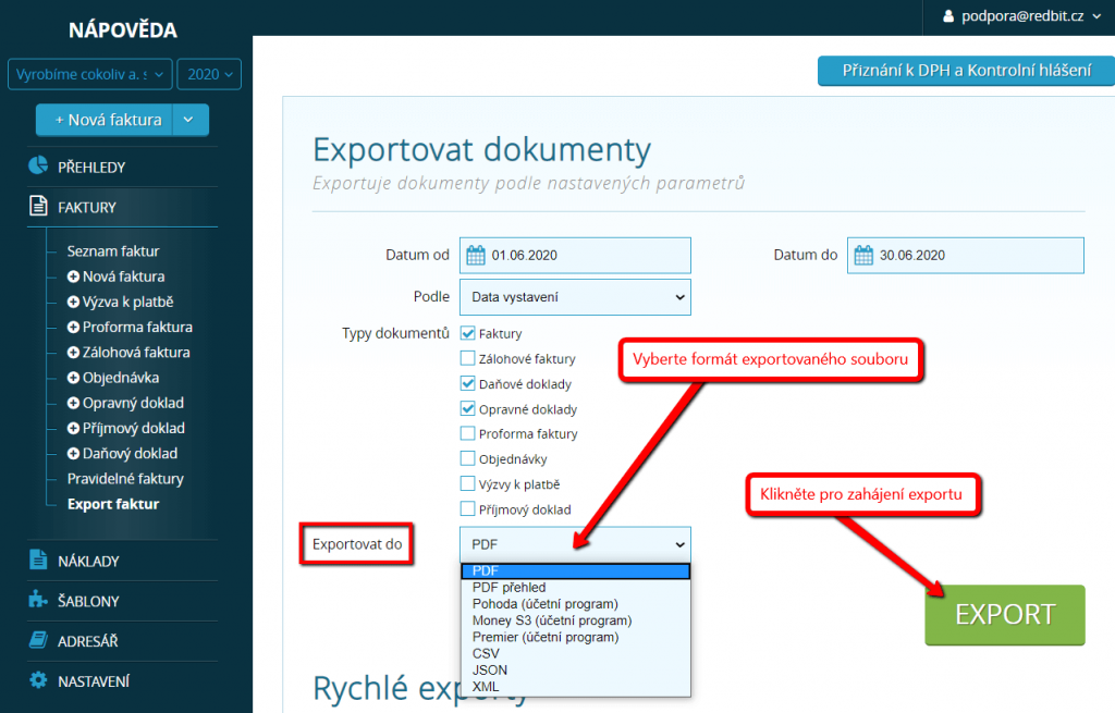 Výběr formátu exportovaného souboru
