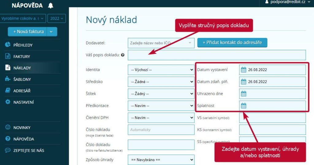 Popis nákladu a datum