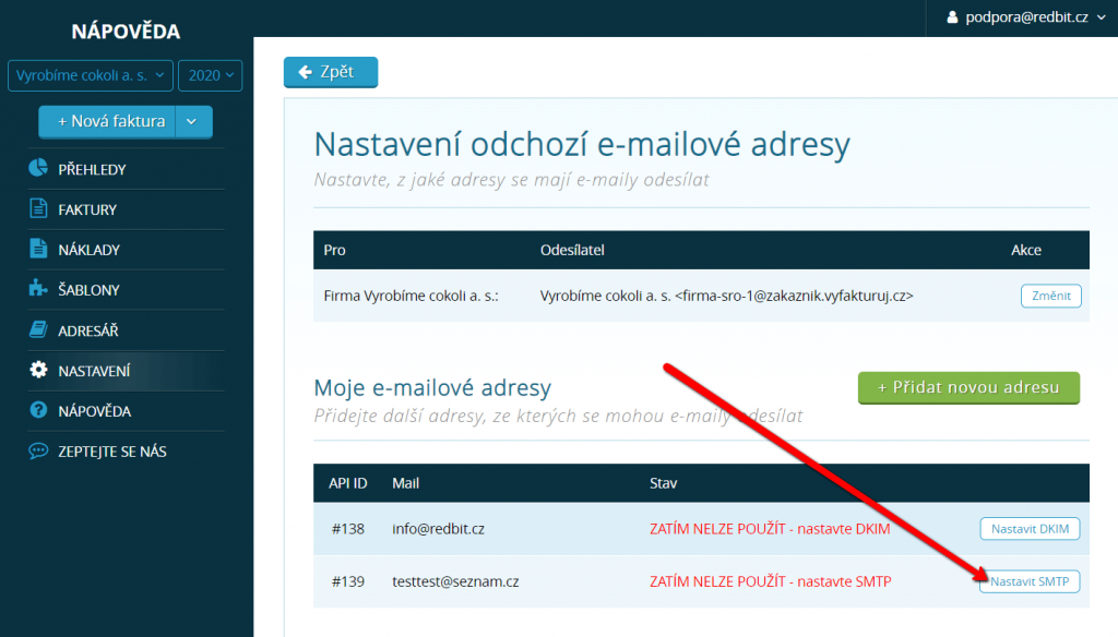 Klikněte na tlačítko nastavit SMTP