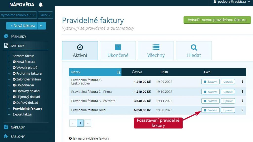 Pozastavení pravidelné faktury