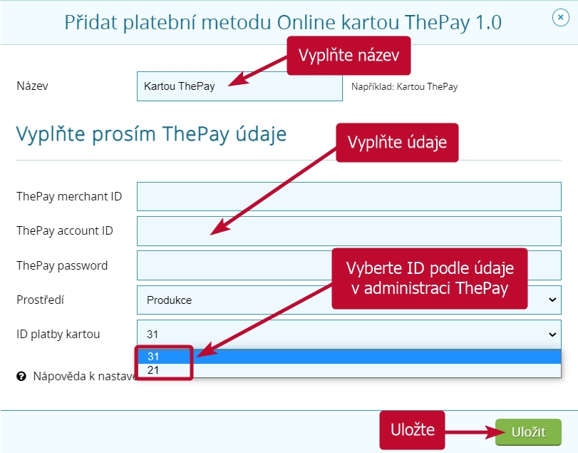 Přidání nové platební metody - ThePay 1.0