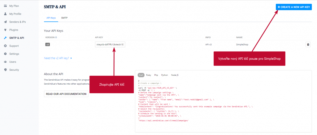 SendinBlue API klíč