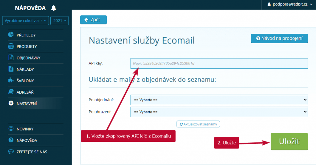 Ecomail nastavení API klíče