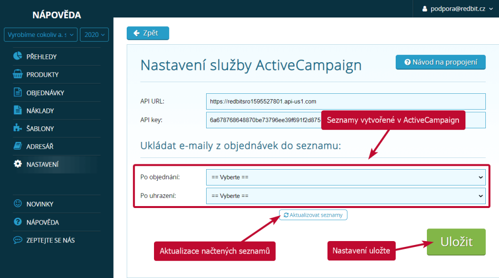 Výběr výchozích seznamů z ActiveCampaign