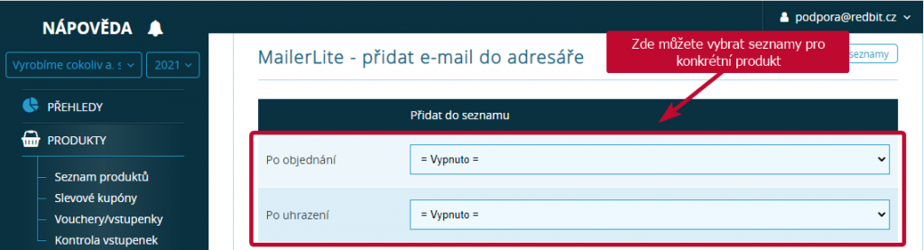 MailerLite seznamy pro konkretni produkt