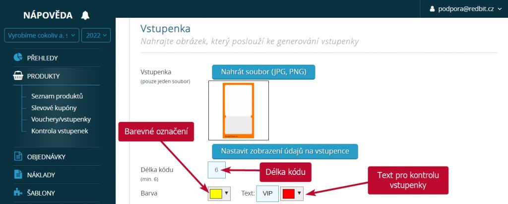 Délka kódu, textové a barevné označení vstupenky