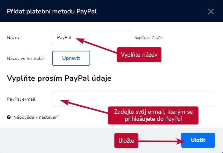 Vyplnit údaje PayPal