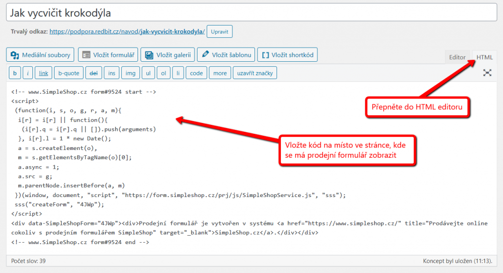 Vložení kódu prodejního formuláře na web
