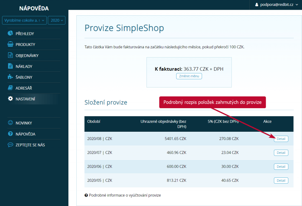 Zobrazení detailního rozpisu provize za využívání SimpleShopu