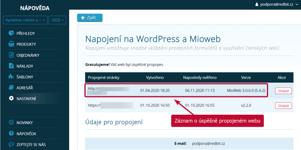 Záznam v SimpleShopu o úspěšně propojeném webu
