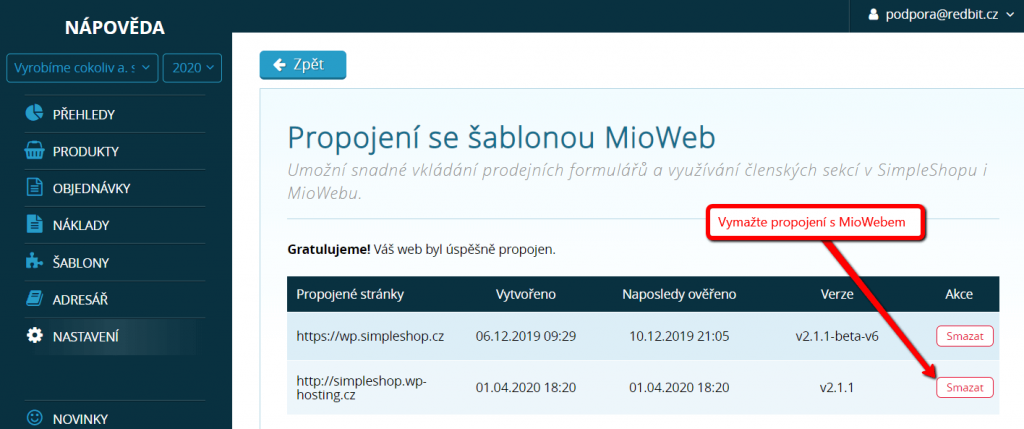 Smazání propojení s MioWebem v SimpleShopu