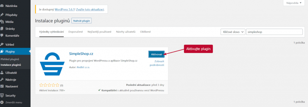 Aktivace SimpleShop pluginu