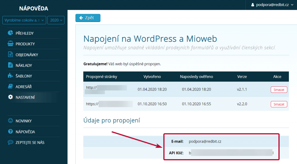 E-mail a API klíč pro propojení SimpleShopu s Miowebem