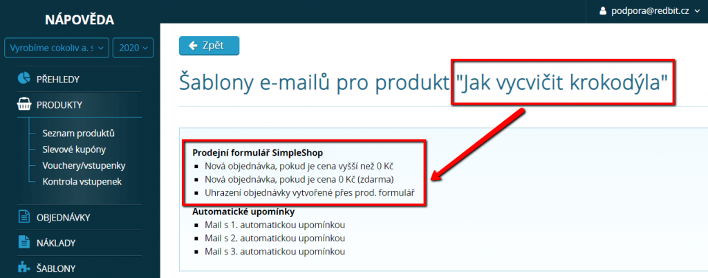 Šablony e-mailů pro vybraný produkt