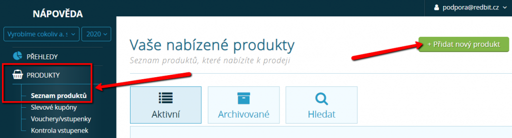 Tlačítko pro přidání nového produktu