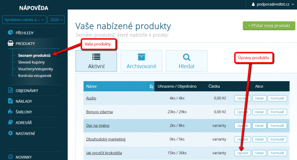 Tlačítko pro úpravy produktu