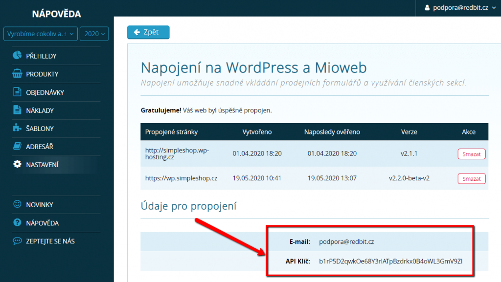 Údaje pro propojení SimpleShopu s WordPressem a Miowebem
