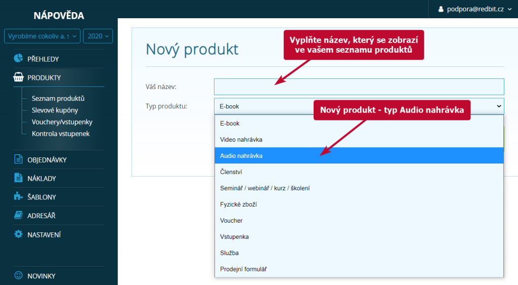 Vložení nového produktu - typ audio nahrávka