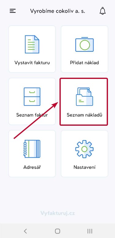 Seznam nákladů v mobilní aplikaci Vyfakturuj.cz