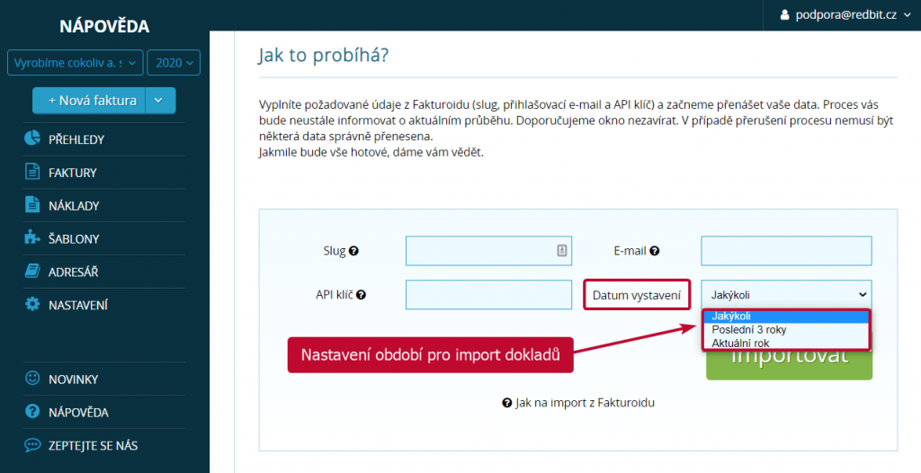 Nastavení období pro import dokladů