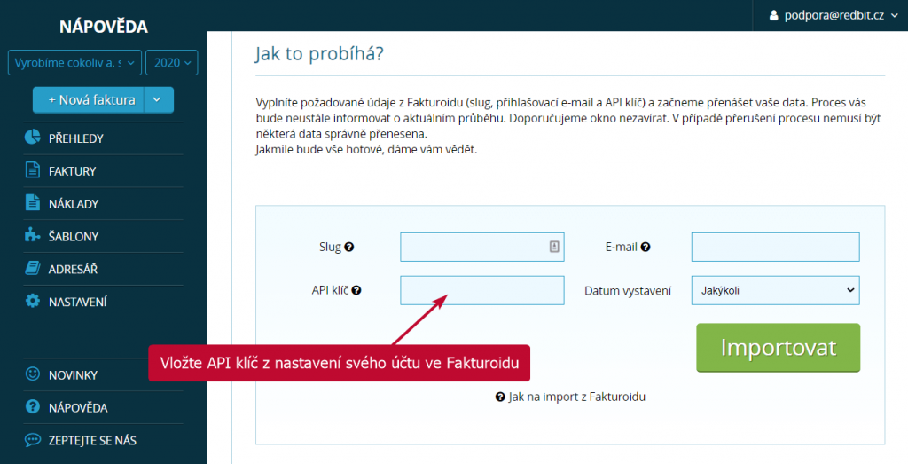 Vložení API klíče do nastavení importu
