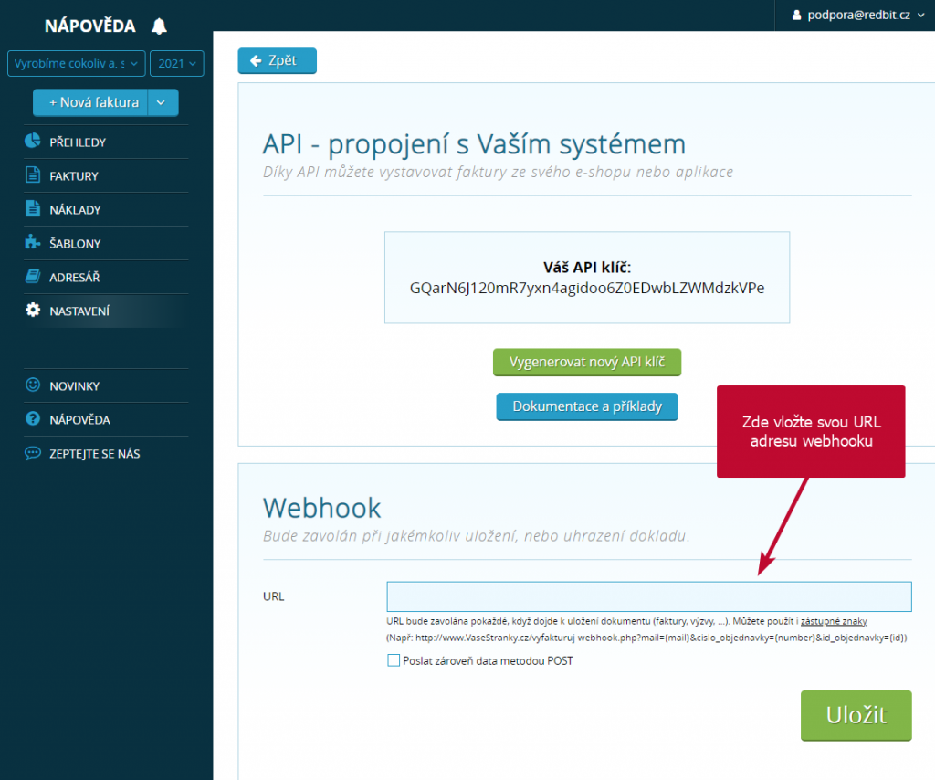 Nastavení URL webhooku