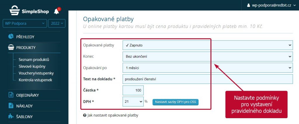 Nastavení podmínek pro opakované platby