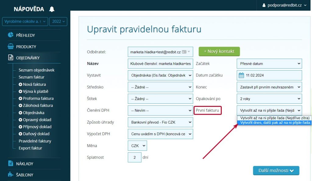 Pravidelná faktura s vystavením v aktuálním dni