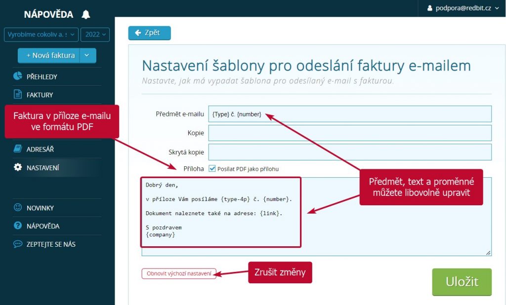 Úpravy šablony pro odeslání faktury