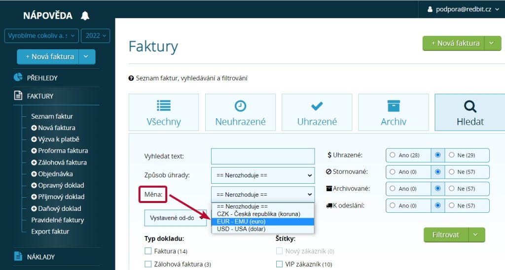 Seznam faktur - filtr podle měny