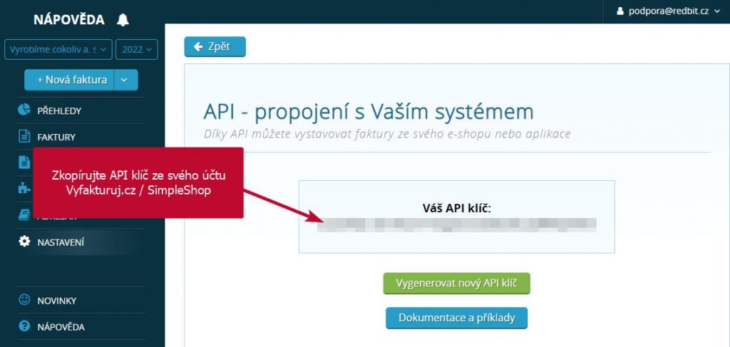 API klíč ve Vyfakturuj.cz/SimpleShopu