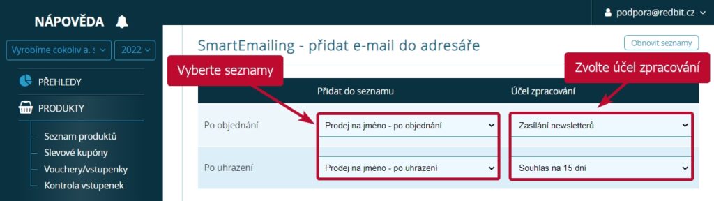 SmartEmailing - výběr seznamů pro prodej na jméno