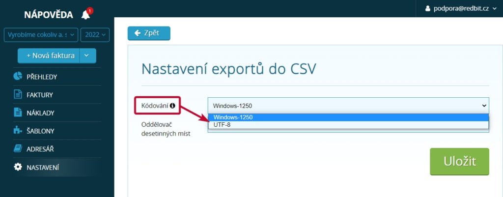 Volba kódování pro CSV exporty
