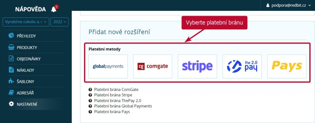 Rozšíření - výběr platební brány