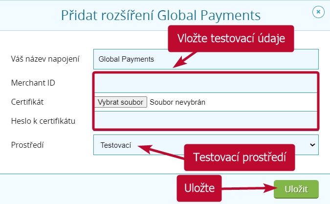 Global Payments - nastavení testovacího prostředí